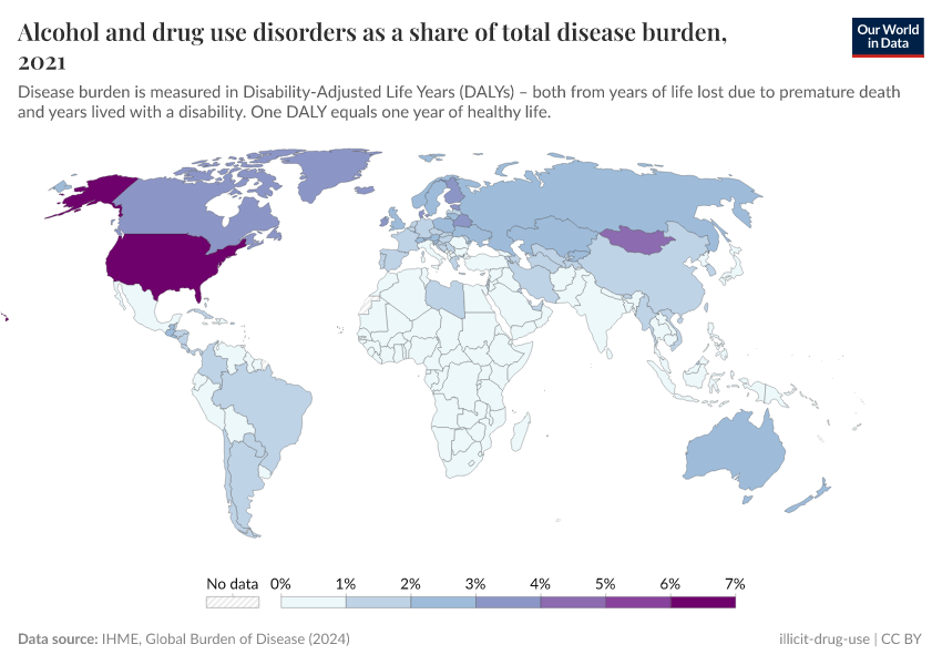 A thumbnail of the "Alcohol and drug use disorders as a share of total disease burden" chart