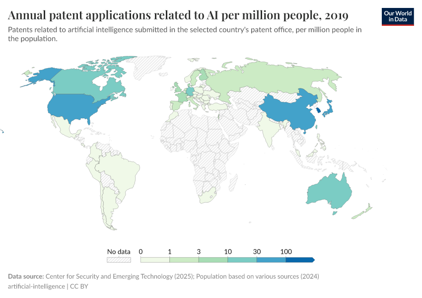 A thumbnail of the "Annual patent applications related to AI per million people" chart