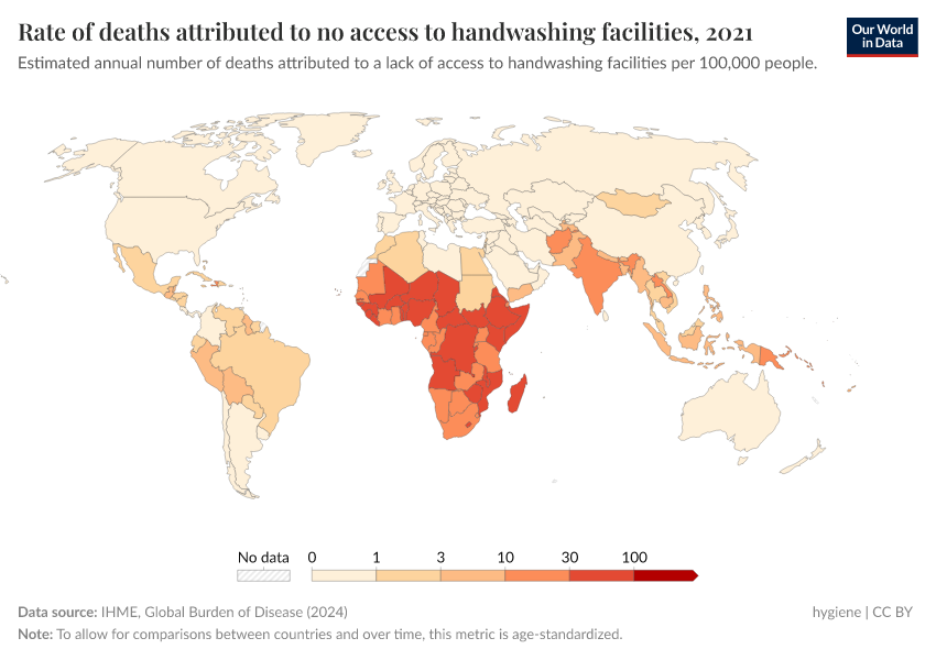 A thumbnail of the "Rate of deaths attributed to no access to handwashing facilities" chart