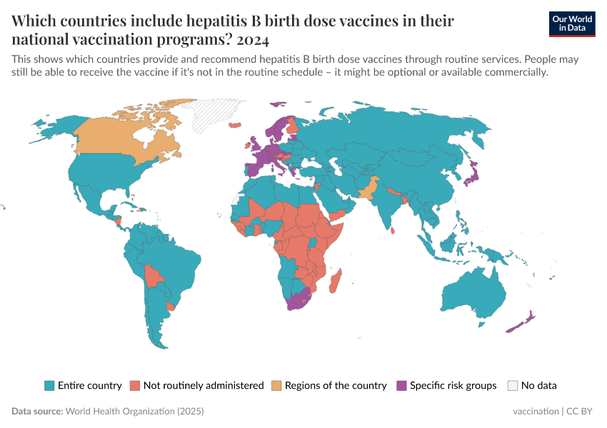 A thumbnail of the "Which countries include hepatitis B birth dose vaccines in their national vaccination programs?" chart