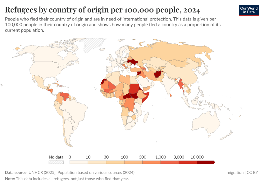 A thumbnail of the "Refugees by country of origin per 100,000 people" chart