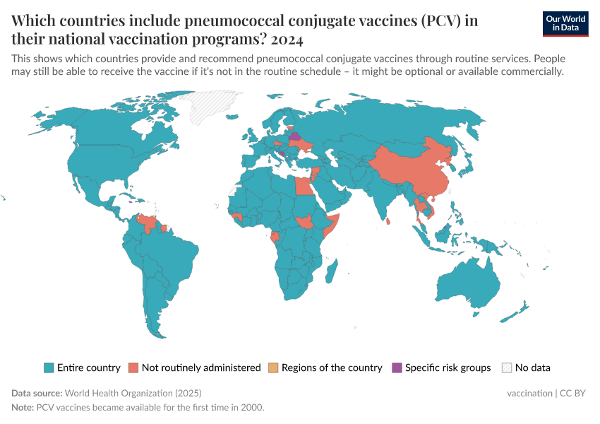 A thumbnail of the "Which countries include pneumococcal conjugate vaccines (PCV) in their national vaccination programs?" chart