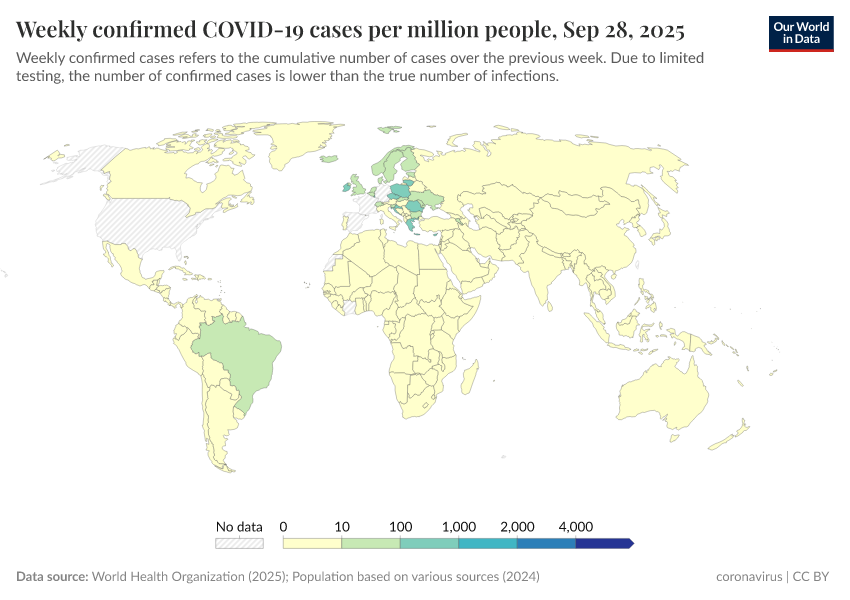 A thumbnail of the "Weekly confirmed COVID-19 cases per million people" chart