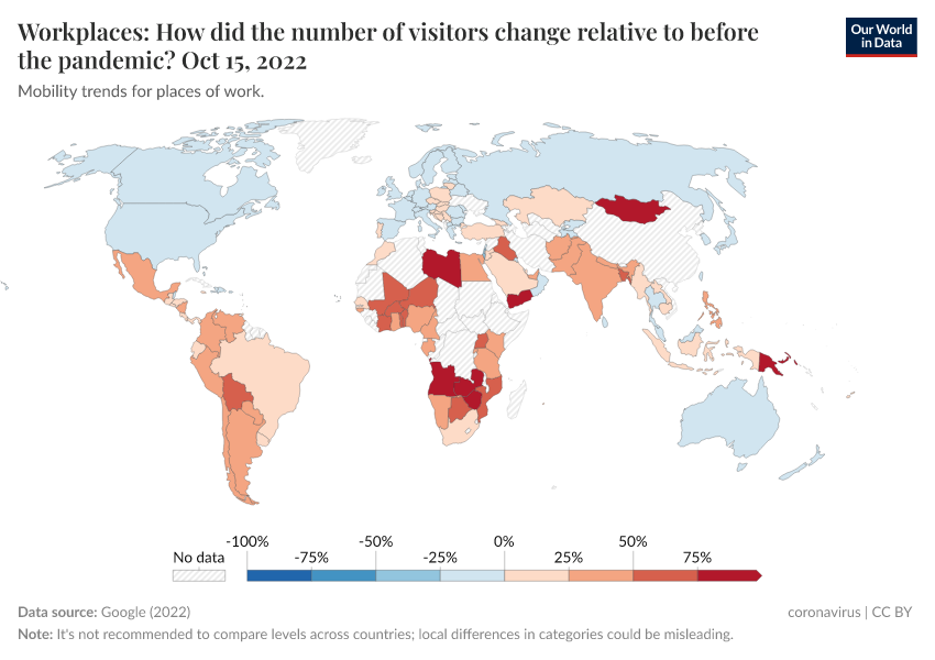 A thumbnail of the "Workplaces: How did the number of visitors change relative to before the pandemic?" chart